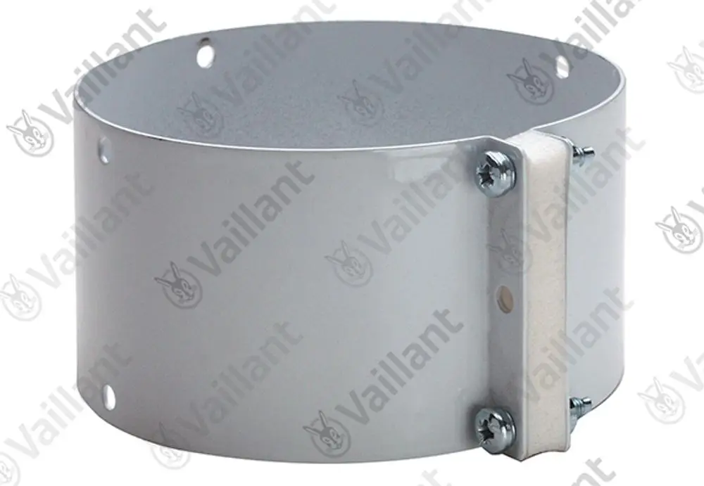 Graue Metallschelle von Vaillant für Anschlusssets, rund mit Halterung. Enthält Schrauben und Öffnungen zur Befestigung.